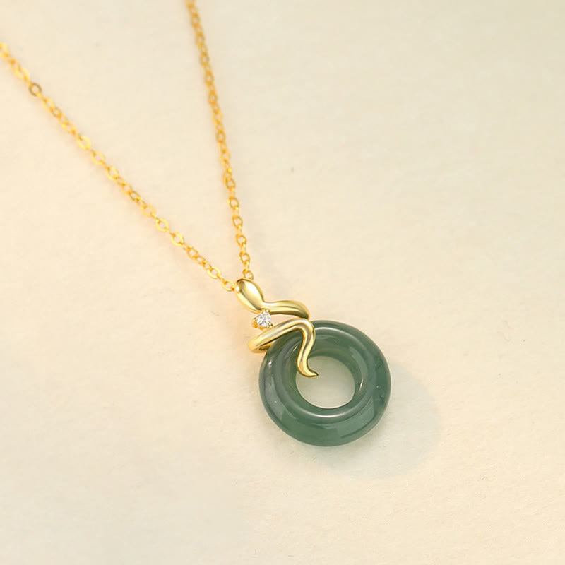 Wear FengShui 925 Sterling Silver 18K Gold Jade Peace Buckle Spirit Snake Peace Necklace Pendant