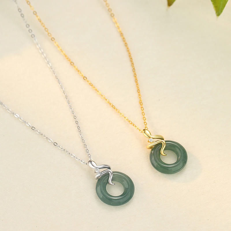 Wear FengShui 925 Sterling Silver 18K Gold Jade Peace Buckle Spirit Snake Peace Necklace Pendant