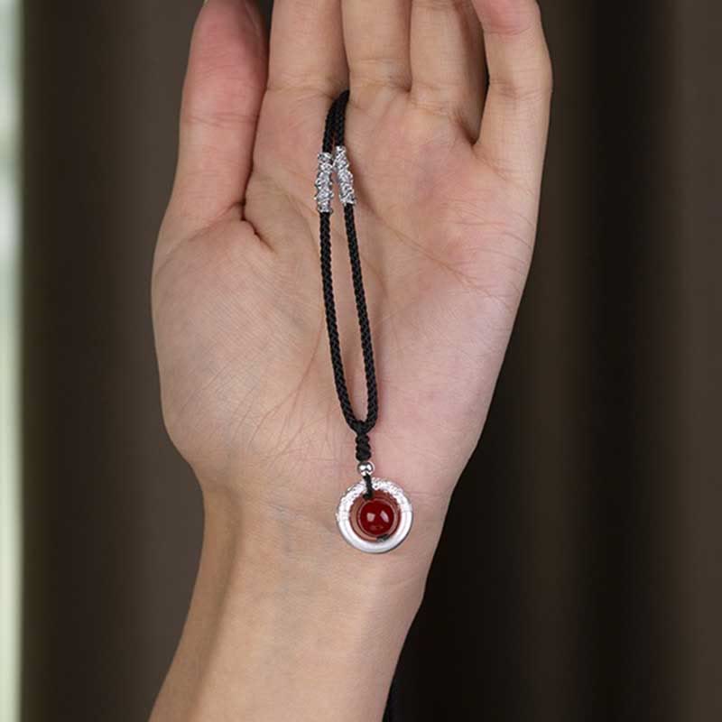 Wear FengShui 999 Sterling Silver Red Agate Peace Buckle Blessing Necklace Pendant