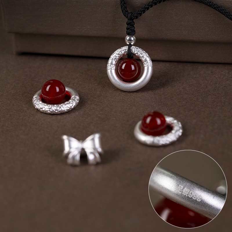 Wear FengShui 999 Sterling Silver Red Agate Peace Buckle Blessing Necklace Pendant