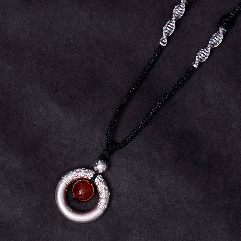 Wear FengShui 999 Sterling Silver Red Agate Peace Buckle Blessing Necklace Pendant