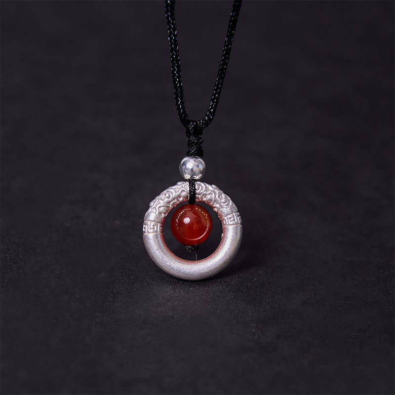 Wear FengShui 999 Sterling Silver Red Agate Peace Buckle Blessing Necklace Pendant