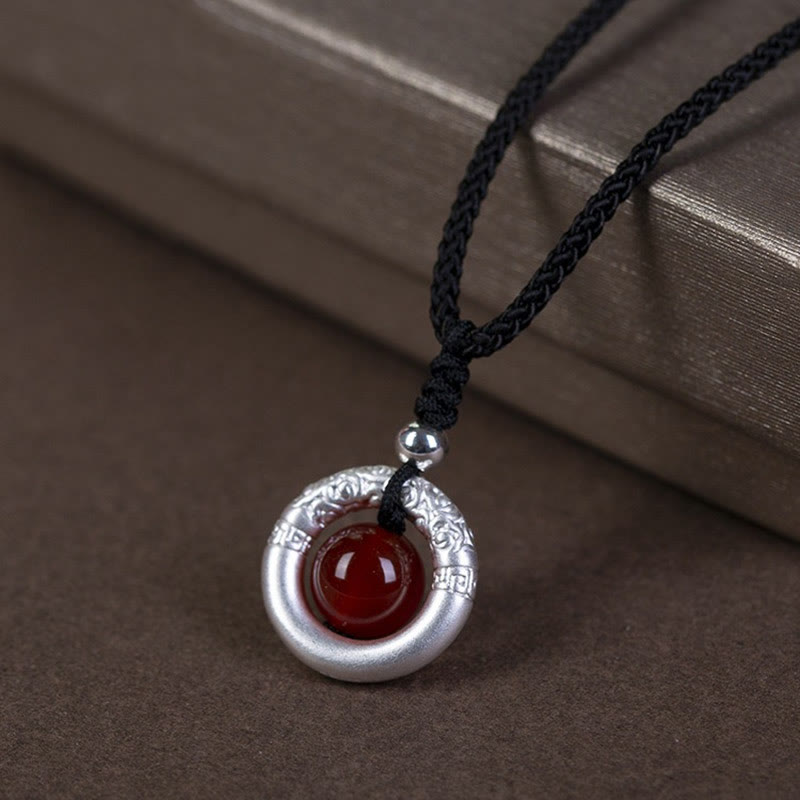 Wear FengShui 999 Sterling Silver Red Agate Peace Buckle Blessing Necklace Pendant