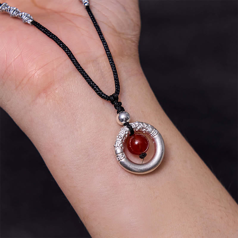 Wear FengShui 999 Sterling Silver Red Agate Peace Buckle Blessing Necklace Pendant
