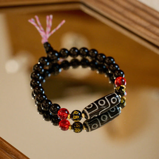 Wear FengShui Tibetan Nine-eye Dzi Bead Black Onyx Six True Words Wealth Protection Bracelet