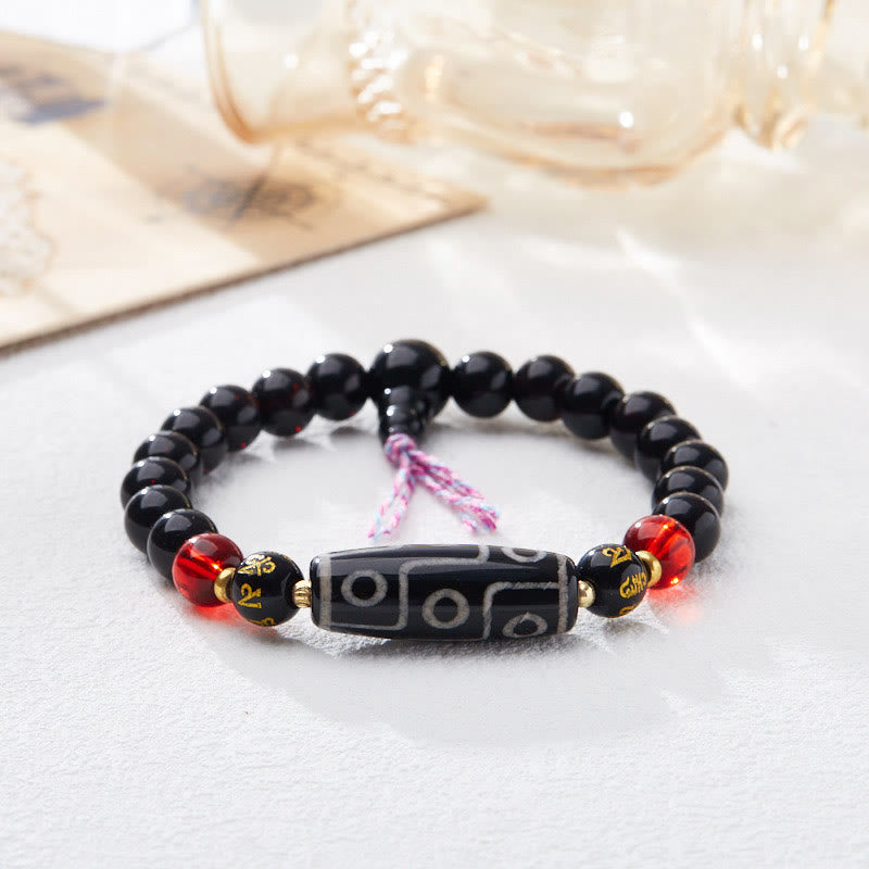 Wear FengShui Tibetan Nine-eye Dzi Bead Black Onyx Six True Words Wealth Protection Bracelet