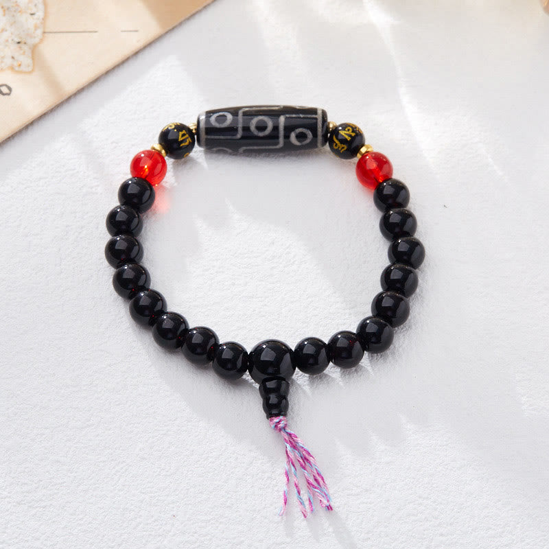 Wear FengShui Tibetan Nine-eye Dzi Bead Black Onyx Six True Words Wealth Protection Bracelet