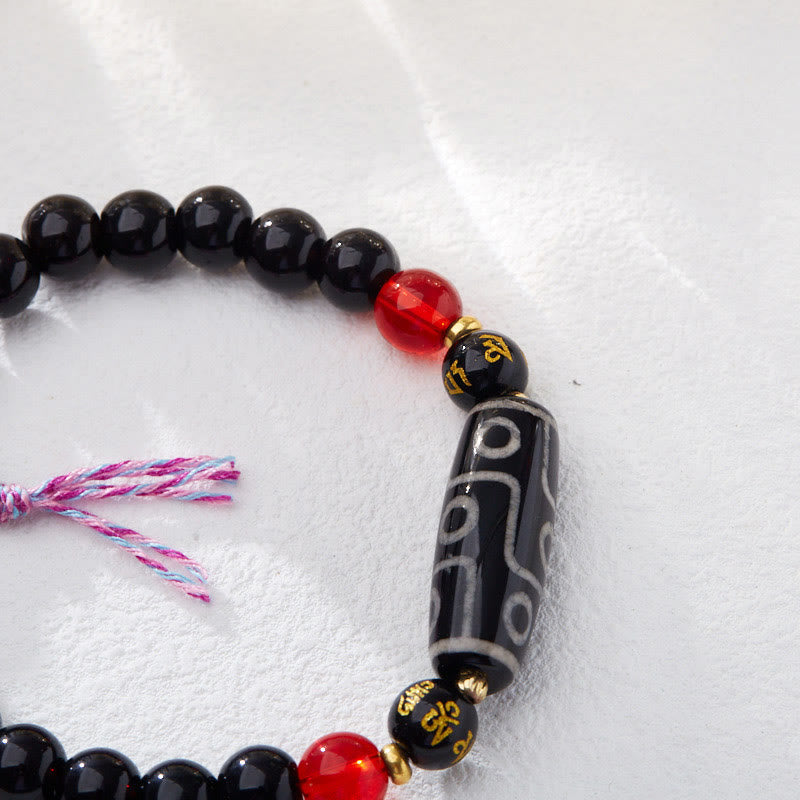Wear FengShui Tibetan Nine-eye Dzi Bead Black Onyx Six True Words Wealth Protection Bracelet