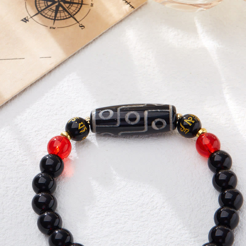Wear FengShui Tibetan Nine-eye Dzi Bead Black Onyx Six True Words Wealth Protection Bracelet