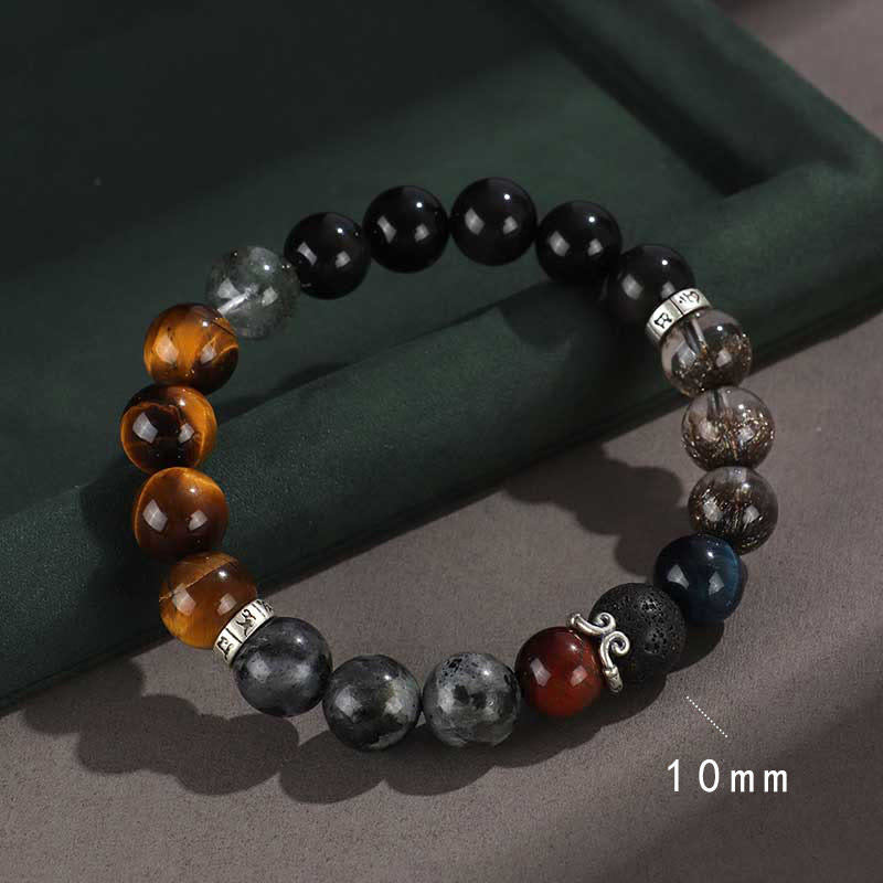 Wear FengShui 925 Sterling Silver Black Onyx Gold Sheen Obsidian Lava Rock Tiger Eye Six True Words Wealth Protection Bracelet