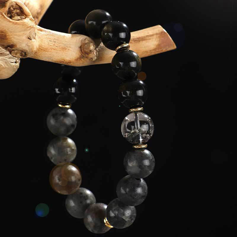 Wear FengShui 925 Sterling Silver Black Onyx Gold Sheen Obsidian Lava Rock Tiger Eye Six True Words Wealth Protection Bracelet