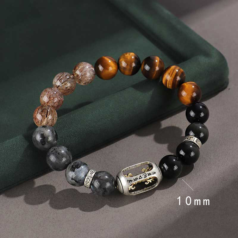 Wear FengShui 925 Sterling Silver Black Onyx Gold Sheen Obsidian Lava Rock Tiger Eye Six True Words Wealth Protection Bracelet