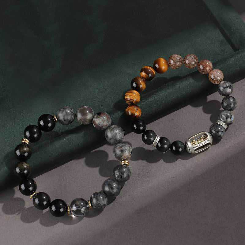 Wear FengShui 925 Sterling Silver Black Onyx Gold Sheen Obsidian Lava Rock Tiger Eye Six True Words Wealth Protection Bracelet