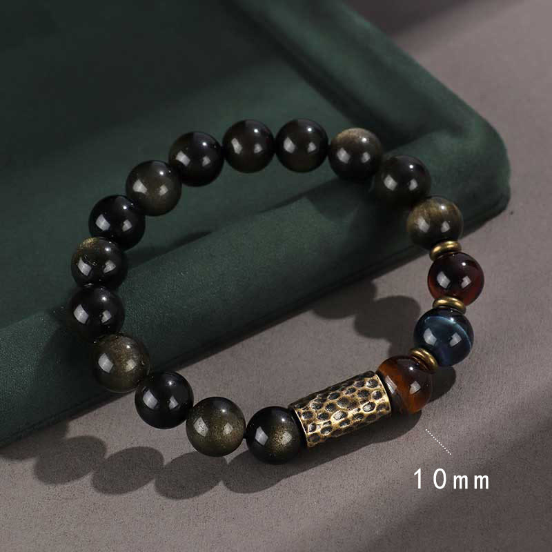 Wear FengShui 925 Sterling Silver Black Onyx Gold Sheen Obsidian Lava Rock Tiger Eye Six True Words Wealth Protection Bracelet