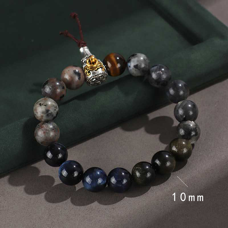 Wear FengShui 925 Sterling Silver Black Onyx Gold Sheen Obsidian Lava Rock Tiger Eye Six True Words Wealth Protection Bracelet