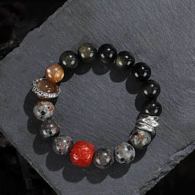 Wear FengShui Gold Sheen Obsidian Lava Rock Red Agate Protection Bracelet