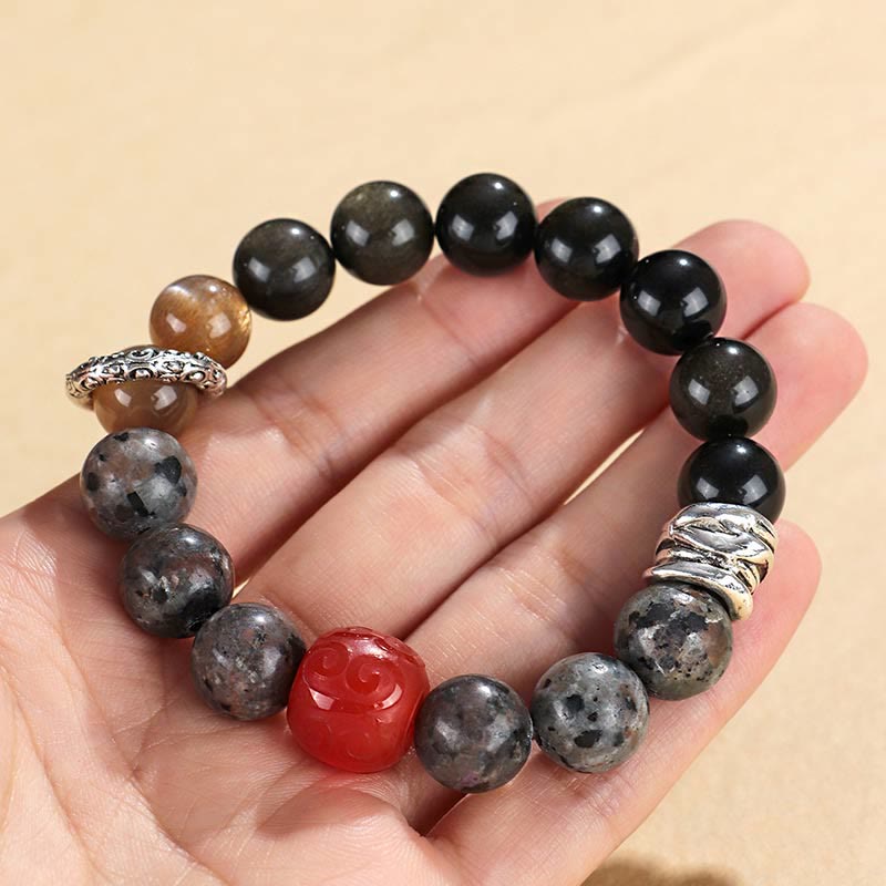 Wear FengShui Gold Sheen Obsidian Lava Rock Red Agate Protection Bracelet