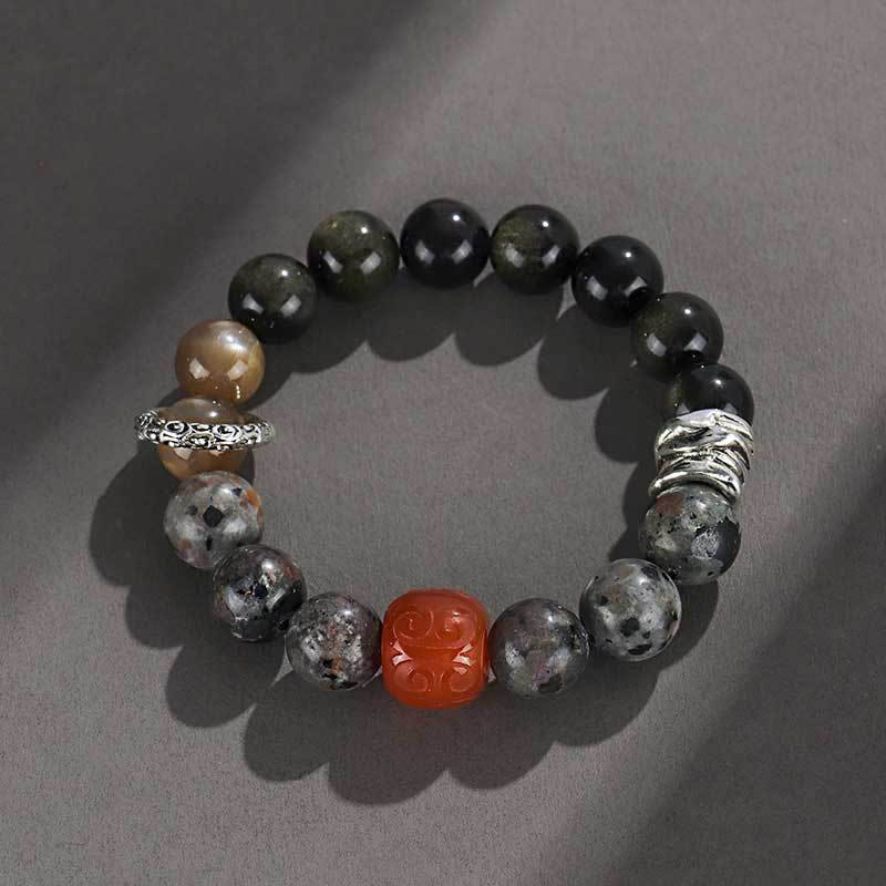 Wear FengShui Gold Sheen Obsidian Lava Rock Red Agate Protection Bracelet