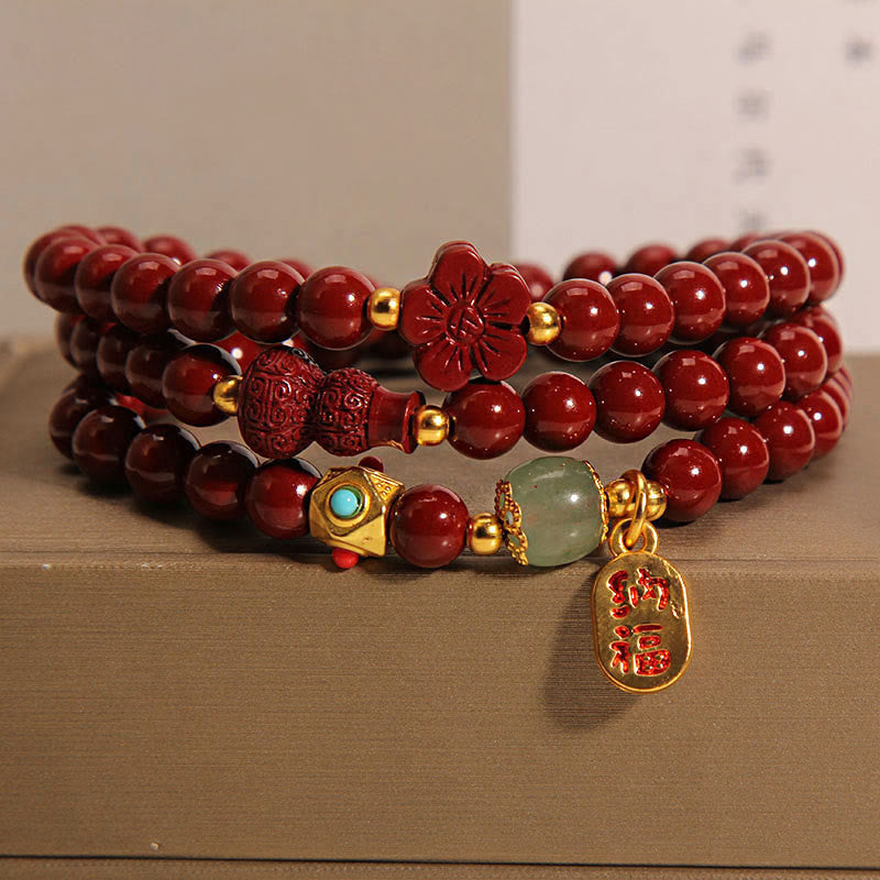 Wear FengShui Cinnabar Fu Character Flower Gourd Triple Wrap Blessing Bracelet