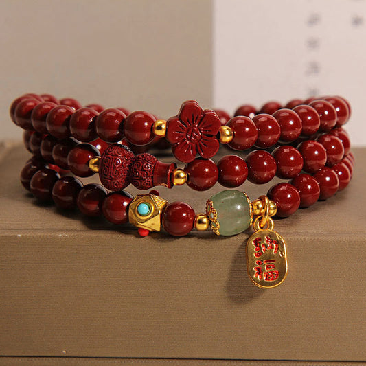 Wear FengShui Cinnabar Fu Character Flower Gourd Triple Wrap Blessing Bracelet