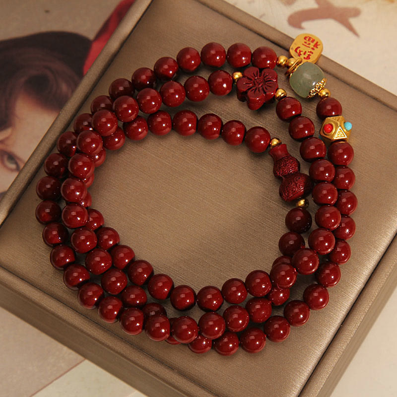 Wear FengShui Cinnabar Fu Character Flower Gourd Triple Wrap Blessing Bracelet