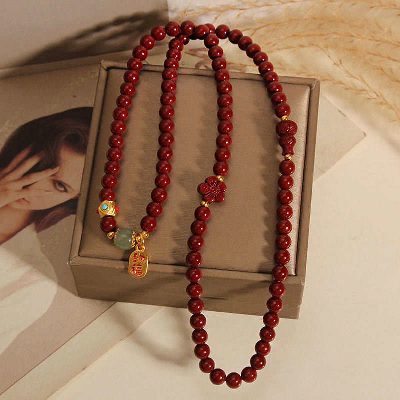 Wear FengShui Cinnabar Fu Character Flower Gourd Triple Wrap Blessing Bracelet
