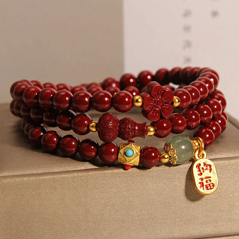 Wear FengShui Cinnabar Fu Character Flower Gourd Triple Wrap Blessing Bracelet