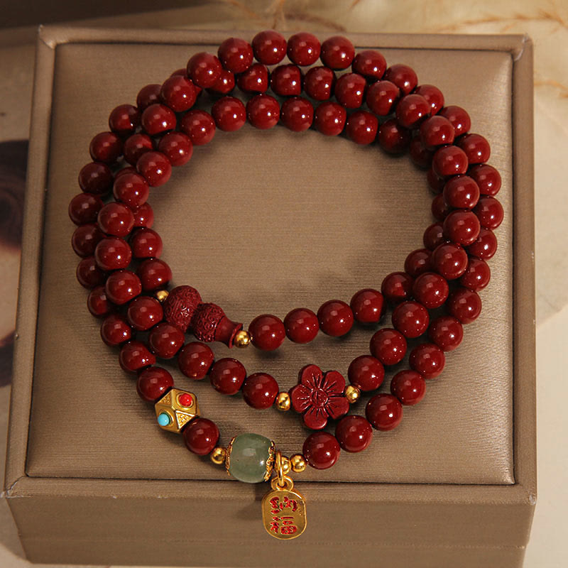 Wear FengShui Cinnabar Fu Character Flower Gourd Triple Wrap Blessing Bracelet