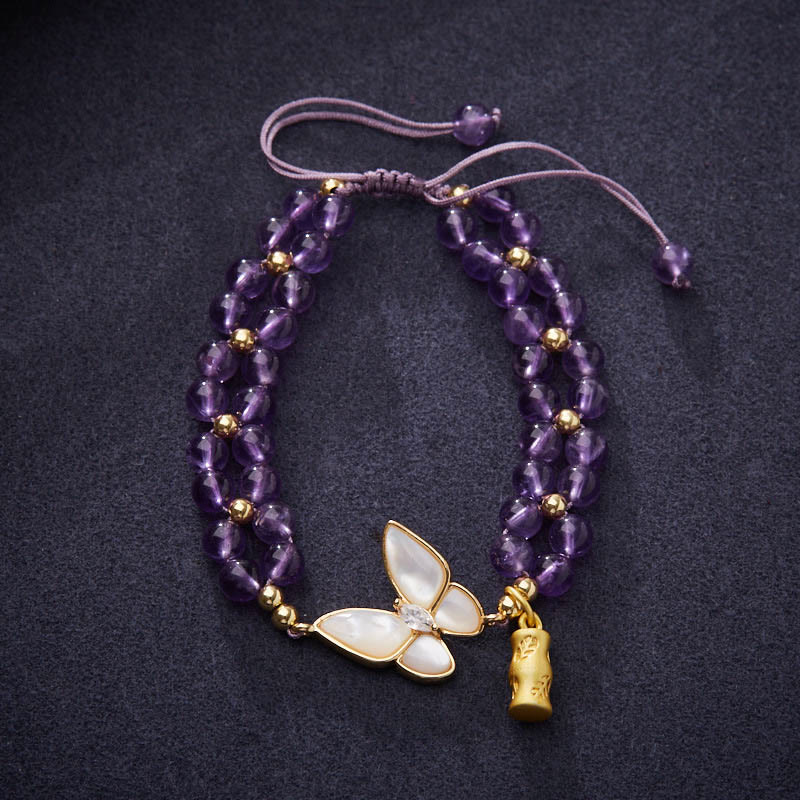 Wear FengShui Amethyst Butterfly Bamboo Balance Relieves Stress Braided String Bracelet