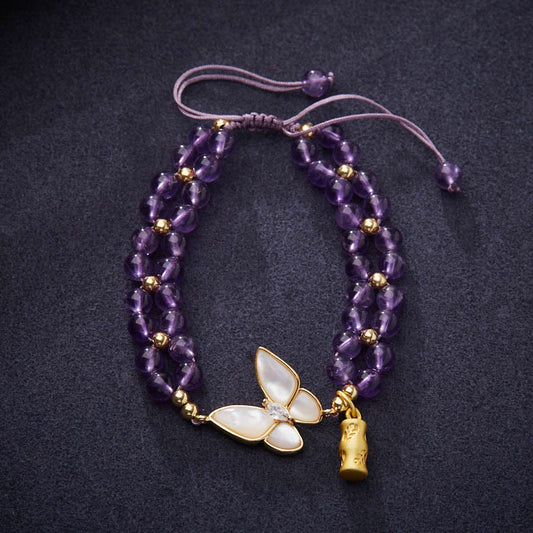 Wear FengShui Amethyst Butterfly Bamboo Balance Relieves Stress Braided String Bracelet