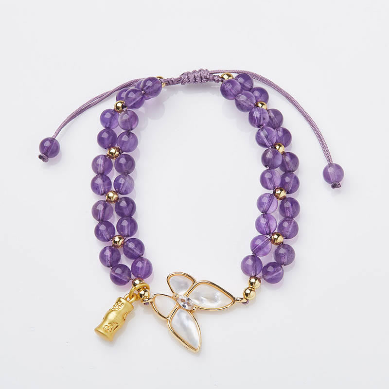 Wear FengShui Amethyst Butterfly Bamboo Balance Relieves Stress Braided String Bracelet