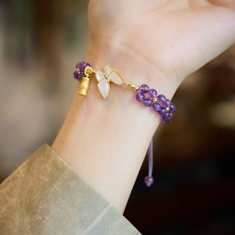 Wear FengShui Amethyst Butterfly Bamboo Balance Relieves Stress Braided String Bracelet