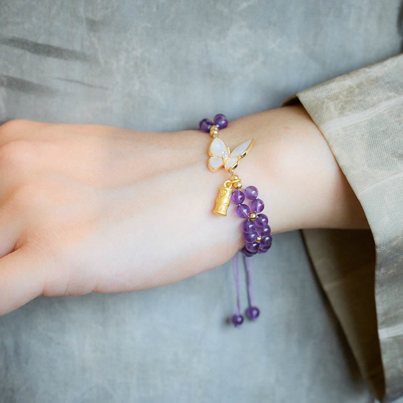 Wear FengShui Amethyst Butterfly Bamboo Balance Relieves Stress Braided String Bracelet