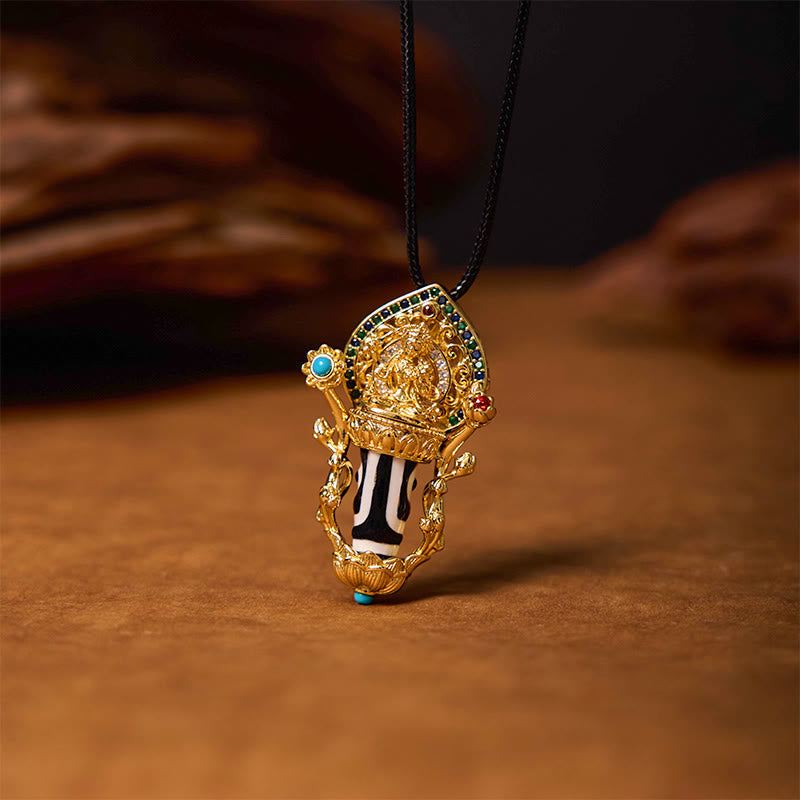 Wear FengShui Tibetan Dzi Bead Manjusri Bodhisattva Pattern Compassion String Necklace Pendant