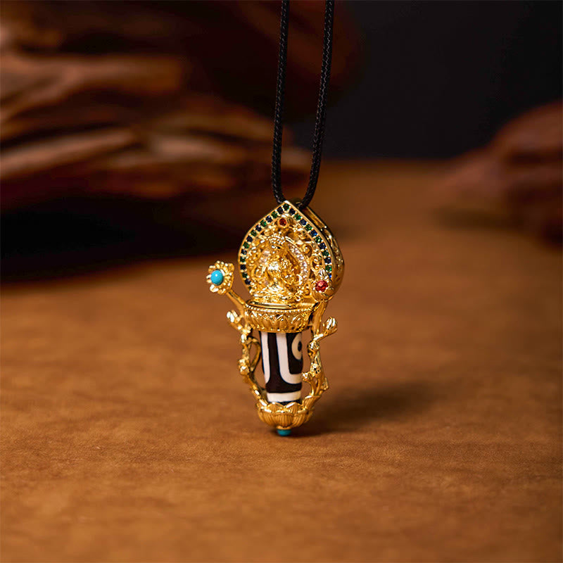 Wear FengShui Tibetan Dzi Bead Manjusri Bodhisattva Pattern Compassion String Necklace Pendant
