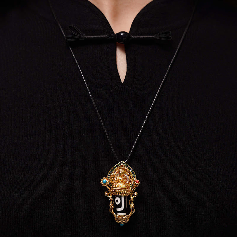 Wear FengShui Tibetan Dzi Bead Manjusri Bodhisattva Pattern Compassion String Necklace Pendant