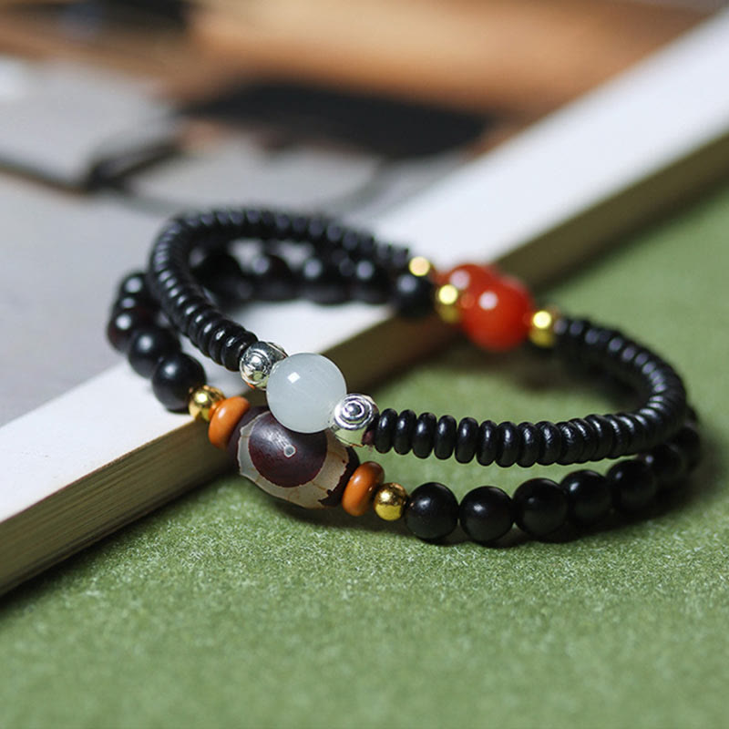 Wear FengShui Ebony Sandalwood Green Sandalwood Dzi Bead Balance Calm Double Wrap Bracelet