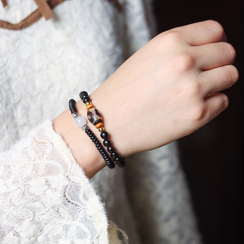 Wear FengShui Ebony Sandalwood Green Sandalwood Dzi Bead Balance Calm Double Wrap Bracelet