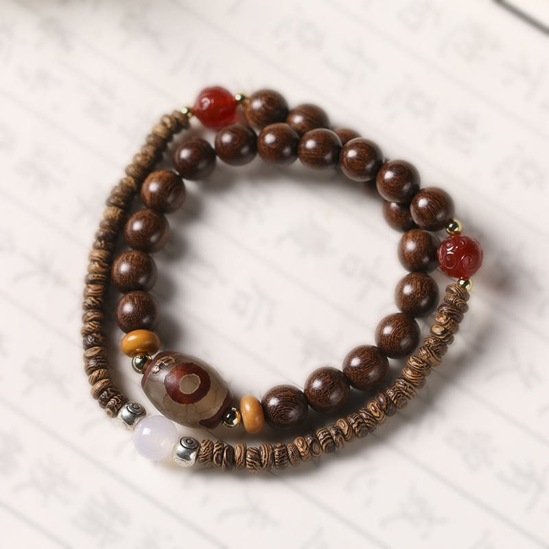 Wear FengShui Ebony Sandalwood Green Sandalwood Dzi Bead Balance Calm Double Wrap Bracelet