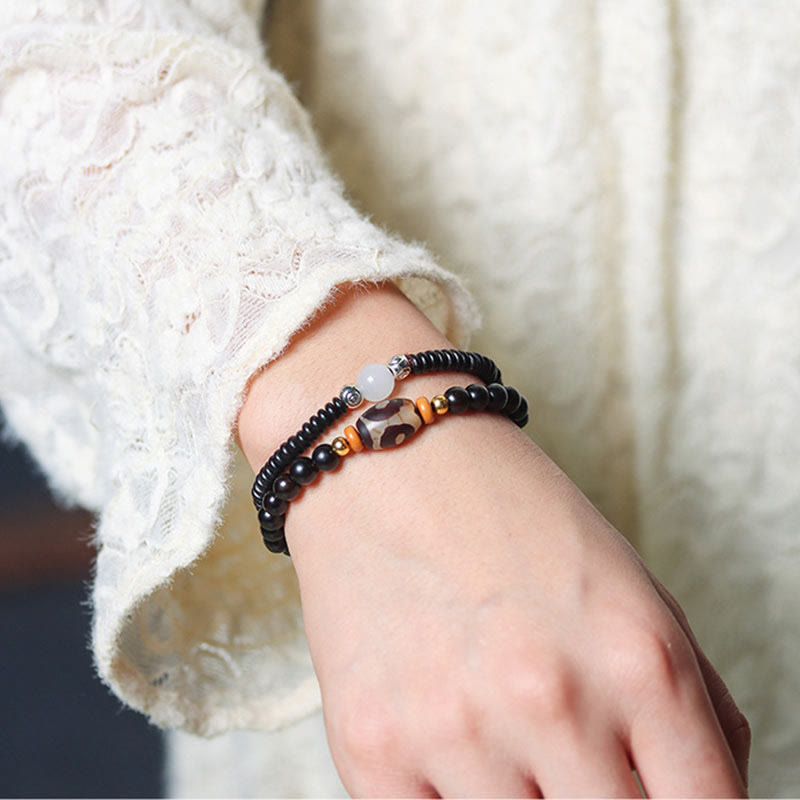 Wear FengShui Ebony Sandalwood Green Sandalwood Dzi Bead Balance Calm Double Wrap Bracelet