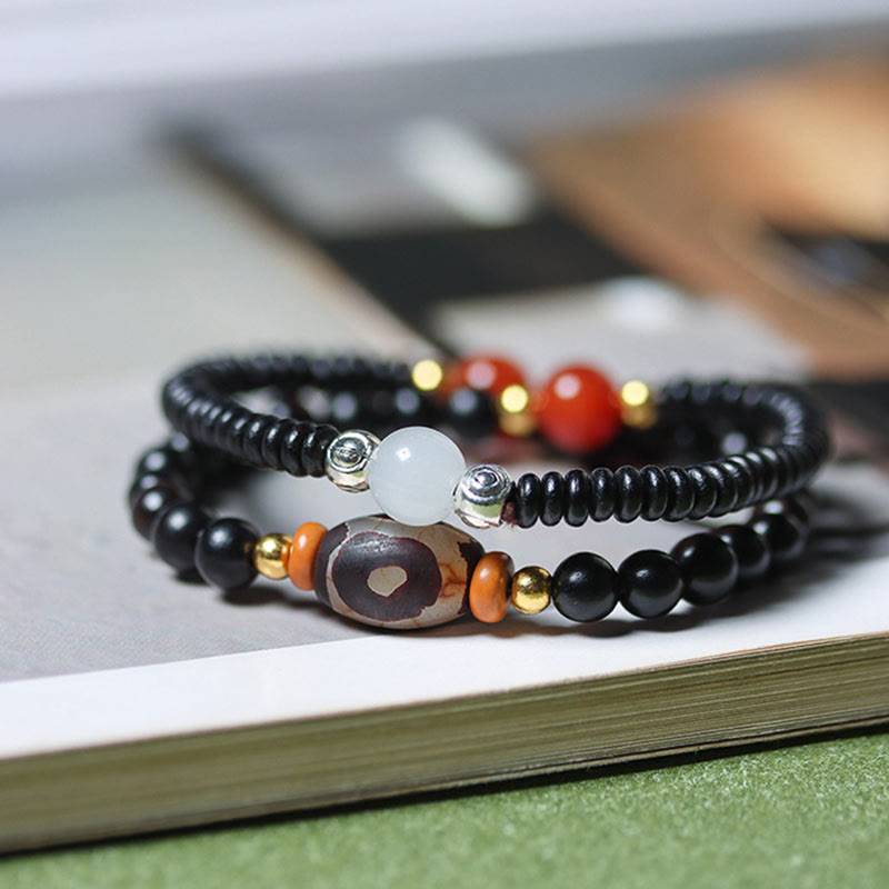 Wear FengShui Ebony Sandalwood Green Sandalwood Dzi Bead Balance Calm Double Wrap Bracelet