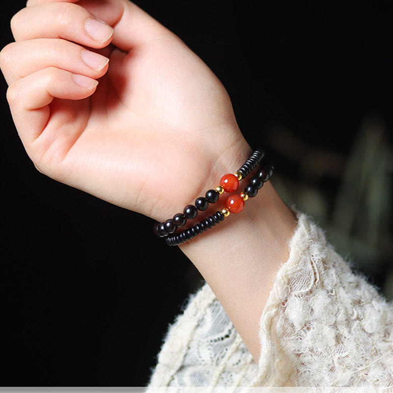 Wear FengShui Ebony Sandalwood Green Sandalwood Dzi Bead Balance Calm Double Wrap Bracelet
