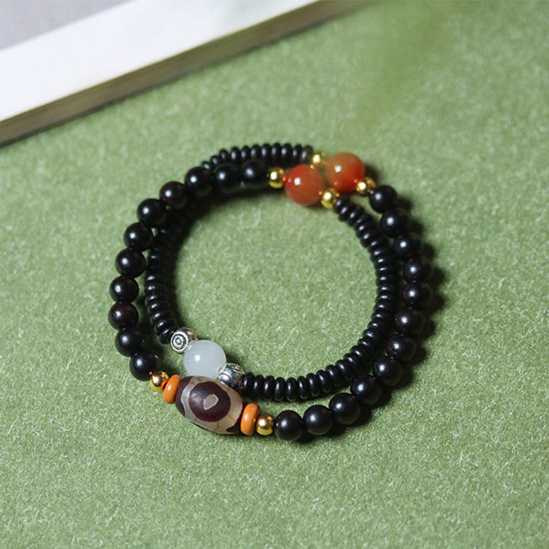 Wear FengShui Ebony Sandalwood Green Sandalwood Dzi Bead Balance Calm Double Wrap Bracelet