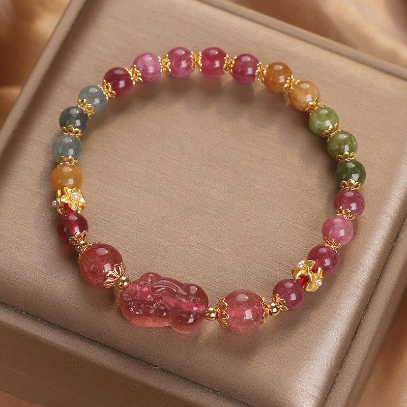 Wear FengShui Tourmaline Strawberry Quartz Pink Crystal PIXIU Love Bracelet