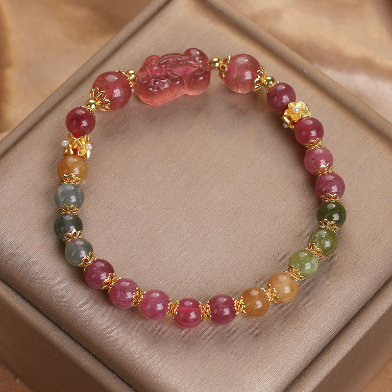 Wear FengShui Tourmaline Strawberry Quartz Pink Crystal PIXIU Love Bracelet