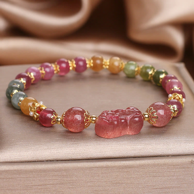 Wear FengShui Tourmaline Strawberry Quartz Pink Crystal PIXIU Love Bracelet