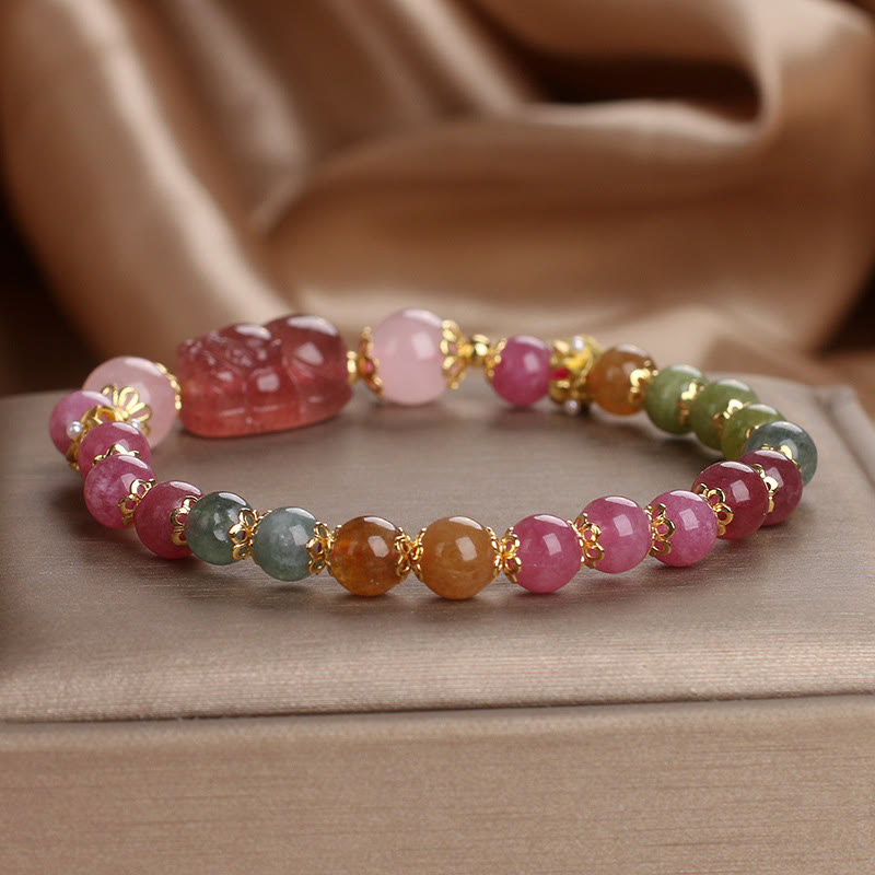 Wear FengShui Tourmaline Strawberry Quartz Pink Crystal PIXIU Love Bracelet