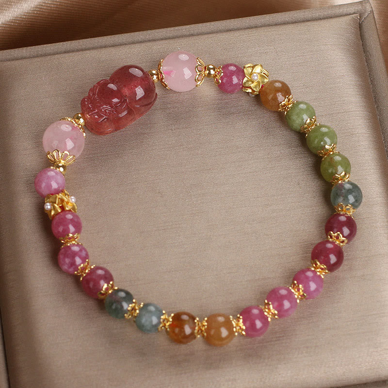 Wear FengShui Tourmaline Strawberry Quartz Pink Crystal PIXIU Love Bracelet