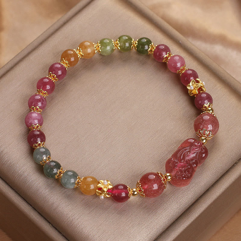 Wear FengShui Tourmaline Strawberry Quartz Pink Crystal PIXIU Love Bracelet