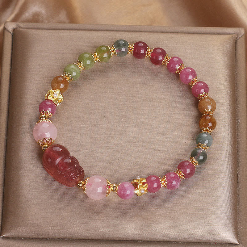 Wear FengShui Tourmaline Strawberry Quartz Pink Crystal PIXIU Love Bracelet